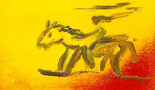 Der Geist von Paul Gauguin auf einem Pferd erscheint am Strand